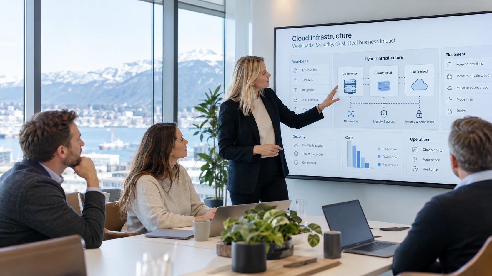 Infrastructure team reviewing a technical presentation in a modern workplace