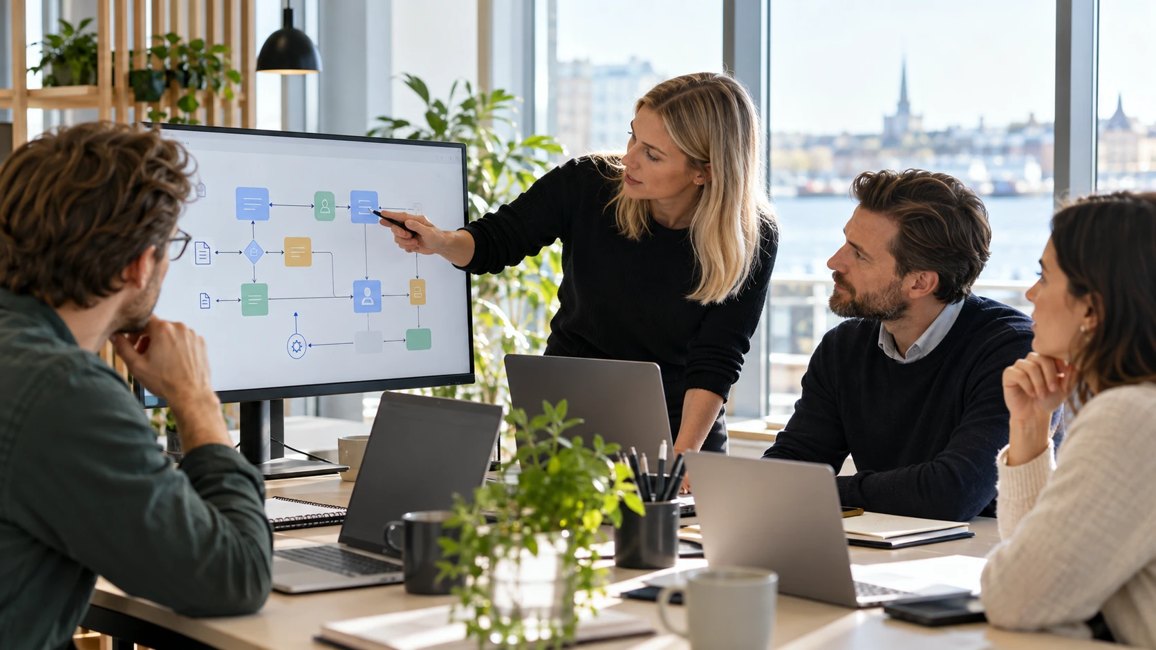 Specialists reviewing a business workflow together