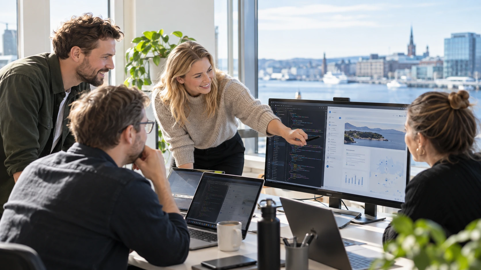 Developers reviewing application code and interface designs together
