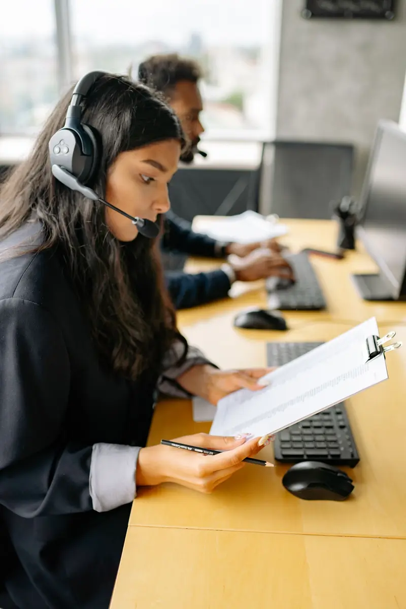 IT support professional assisting a user by phone and reviewing documentation